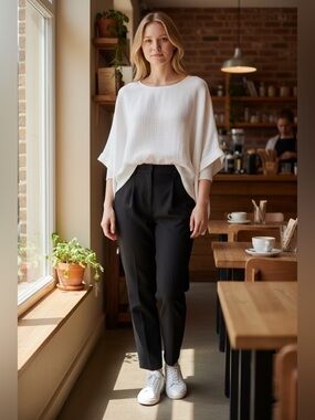 JESS & JANE White Cotton Gauze Boxy Blouse, Roomy fit Medium